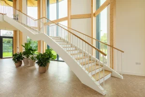 The interior of the building featuring a staircase.