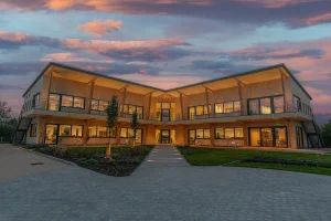 Exterior shot of the final build at sunset