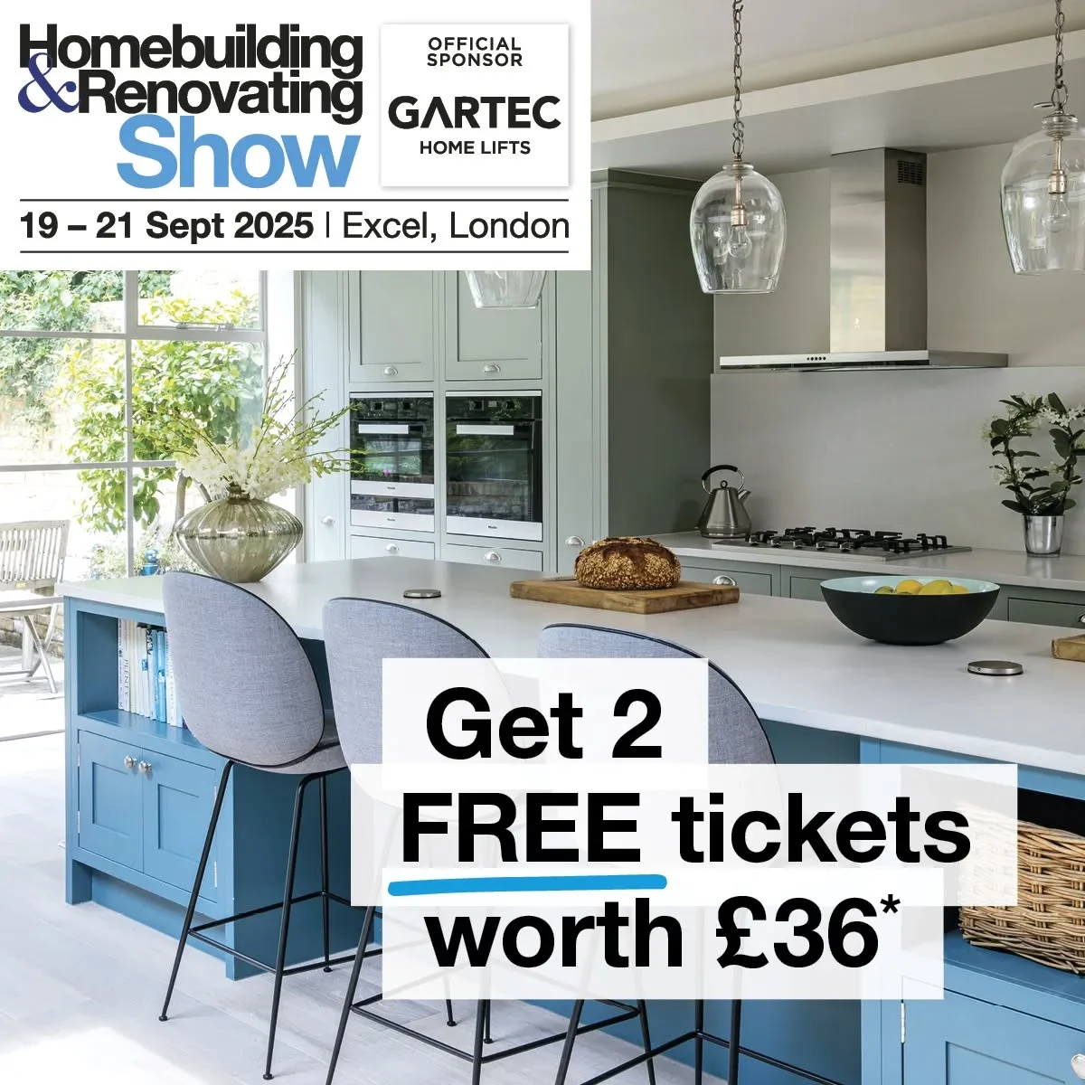 Kitchen with a text overlay reading get 2 free tickets worth £36